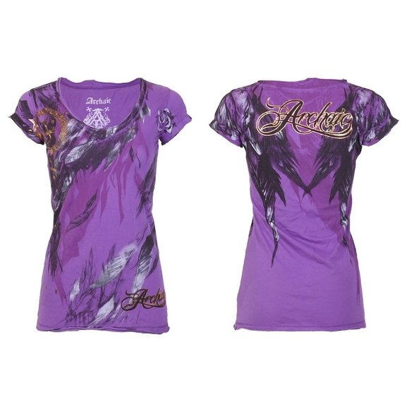 Affliction Tops - Archaic AFFLICTION Women's T-Shirt SECOND LOVE Feathers PURPLE Tattoo Biker $40